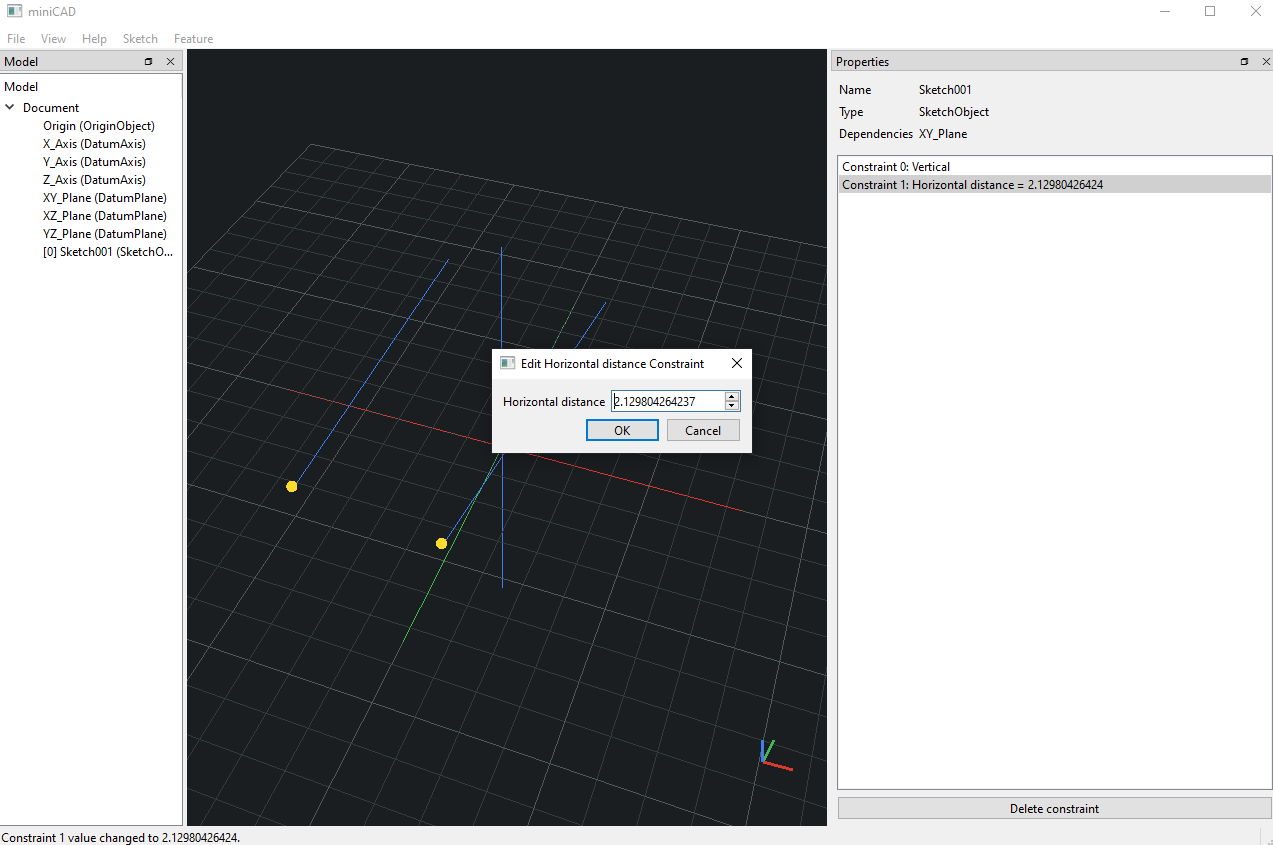 MiniCAD sketch with a horizontal distance constraint being edited in a dialog.
